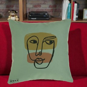 Perna Decorativa Portret Abstract Line Art Portocaliu, 40x40 cm, Verde, Husa Detasabila, Perna Inclusa, BEKZ®