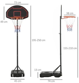 HOMCOM Coș de baschet, reglabil pe înălțime, baza umplută, foarte stabil, negru, 131 x 49 x 195-250 cm | Aosom Romania