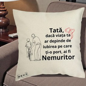 Cadou pentru Tata - Perna Personalizata Tata Nemuritor Bicicleta, 40x40 cm, Ecru, Husa Detasabila, Perna Inclusa, BEKZ®