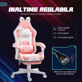 HOMCOM Scaun de Gaming Ergonomic cu Urechi de Pisică, Suport pentru Picioare și Suport Lombar, 65x62x116-124 cm, Roz | Aosom Romania