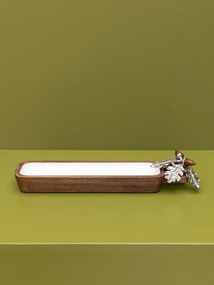 Platou decorativ din lemn de mango decorat cu ghinde și frunze de stejar din aluminiu auriu și argintiu, formă dreptunghiulară, 2 × 38 × 10 cm,