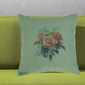 Perna Decorativa Trandafiri Roz cu Floricele Albastre, 40x40 cm, Verde, Husa Detasabila, Perna Inclusa, BEKZ®