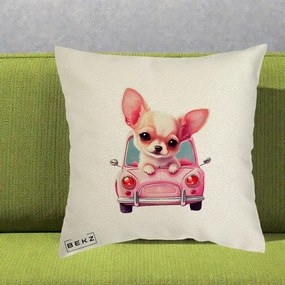 Perna Decorativa Chihuahua Roz in Masinuta, 40x40 cm, Ecru, Husa Detasabila, Perna Inclusa, BEKZ®