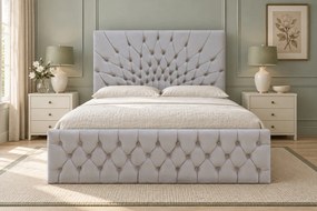 Pat tapițat Chesterfield din catifea Venezia 180×200 cm, gri deschis, cu ladă de depozitare