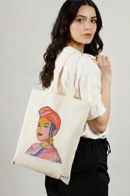 Sacosa de Panza pentru Cumparaturi, Geanta Tote, model Portret Vibrant, 38x34.5 cm, Alba, BEKZ®