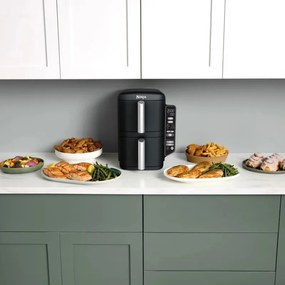 Friteuza dubla cu aer cald Ninja SL300EU, 2470W, 7.6 L, 40-240°C, 2 cosuri, 6 programe, Sincronizare, Timer, Auto stop, Negru
