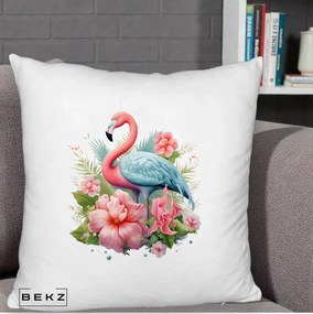 Perna Decorativa Flamingo cu Hibiscus Tropical, 40x40 cm, Alb Pufos, Husa Detasabila, Perna Inclusa, BEKZ®