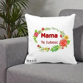 Cadou pentru Mama - Perna Personalizata Mama Te Iubesc Flori Rosii, 40x40 cm, Alba Mata, Husa Detasabila, Perna Inclusa, BEKZ®
