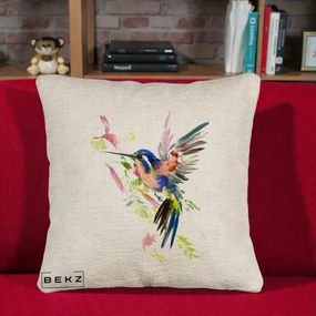Perna Decorativa Colibri Acuarela, 40x40 cm, Bej Canapea, Husa Detasabila, Perna Inclusa, BEKZ®