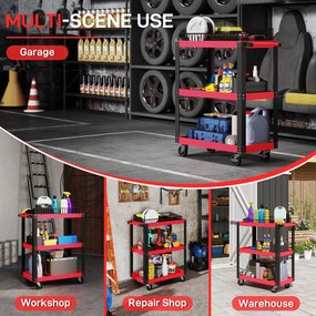 HOMCOM Cărucior Porta Unelte cu 3 Rafturi din Metal și PP, 70.5x35x82.5 cm, Roșu și Negru | Aosom Romania