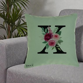 Cadou Personalizat - Perna Personalizata Monograma Florala Litera X cu Buchet, 40x40 cm, Verde, Husa Detasabila, Perna Inclusa, BEKZ®