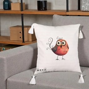 Perna Decorativa Pasare Rosie Exuberanta cu Spirale, 40x40 cm, Bej cu Franjuri, Husa Detasabila, Perna Inclusa, BEKZ®