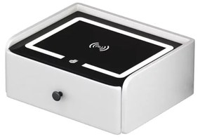 Noptieră inteligentă cu &icirc;ncărcare wireless, iluminare LED, 1 sertar de depozitare &ndash; culoare albă, design modern din sticlă și lemn