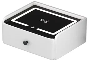 Noptiera inteligenta cu incarcare wireless, iluminare LED, 1 sertar de depozitare &ndash; culoare alba, design modern din sticla si lemn