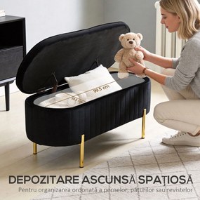 HOMCOM Bancă de Depozitare Ovală 72L cu Capac Rabatabil, din Catifea și Lemn, 108 x 44 x 43,5 cm, Negru | Aosom Romania