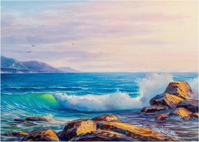 Tablou pe sticlă - Valuri lovind stânci, pictură în ulei (70x50 cm)