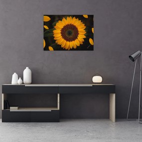 Tablou pe sticlă - Floarea soarelui și petale (70x50 cm)
