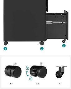 Corp mobil de birou / rollbox cu 3 sertare si cheie, metal, negru, Songmics