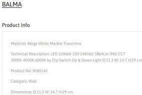 Aplica exterior din travertin LED CCT sus si jos IP65 Balma