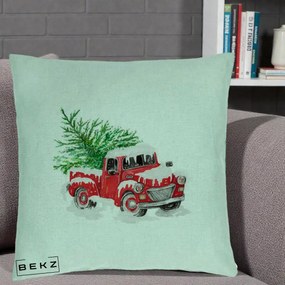 Perna Decorativa Camioneta Rosie Brad de Craciun, 40x40 cm, Verde Menta, Husa Detasabila, Perna Inclusa, BEKZ®