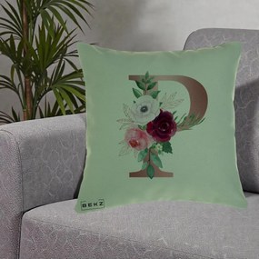 Cadou Personalizat - Perna Personalizata Monograma Rose Gold Litera P, 40x40 cm, Verde, Husa Detasabila, Perna Inclusa, BEKZ®