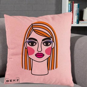 Perna Decorativa Portret Pop Art Fata, 40x40 cm, Roz, Husa Detasabila, Perna Inclusa, BEKZ®