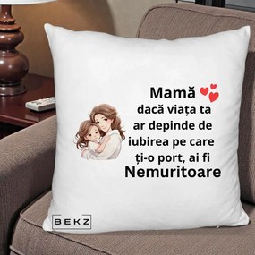 Cadou pentru Mama - Perna Personalizata Mama Nemuritoare cu Balon Inima, 40x40 cm, Alb Pufos, Husa Detasabila, Perna Inclusa, BEKZ®