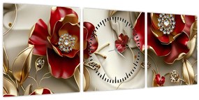 Tablou - Flori 3D Roșu-Auriu (cu ceas) (90x30 cm)