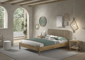 Pat dublu OLIVE, 160 x 200 cm, cu tăblie cu lamele rotunjite și aspect lemn de stejar, design modern, fără somieră inclusă, cu noptieră cu două