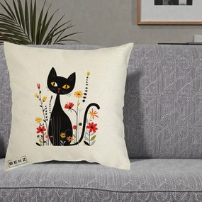 Perna Decorativa Pisica Neagra Ochi Galbeni Flori, 40x40 cm, Ecru, Husa Detasabila, Perna Inclusa, BEKZ®
