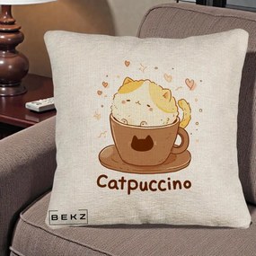Perna Decorativa Catpuccino Pisica Cappuccino, 40x40 cm, Bej Canapea, Husa Detasabila, Perna Inclusa, BEKZ®