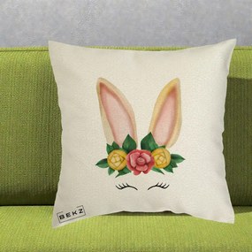 Perna Decorativa Iepuras Flori Urechi Pastelui, 40x40 cm, Ecru, Husa Detasabila, Perna Inclusa, BEKZ®