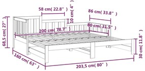 Pat de zi extensibil, 2x(80x200) cm, lemn masiv de pin Maro, 80 x 200 cm