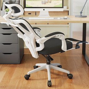 Scaun ergonomic cu suport lombar 4D, tetieră reglabilă 4D, pivotant 360°, suport pentru picioare, Mesh, Alb/Negru