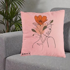 Perna Decorativa Portret Feminin Floare Portocalie, 40x40 cm, Roz, Husa Detasabila, Perna Inclusa, BEKZ®