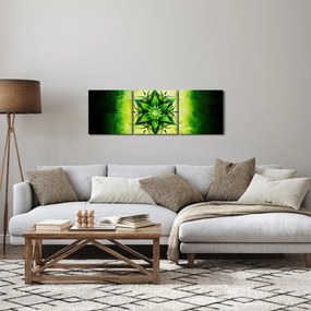 Tablou - Mandala de flori, fundal verde (cu ceas) (90x30 cm)