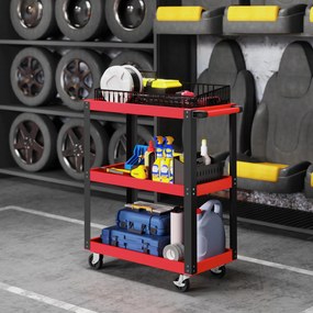 HOMCOM Cărucior Porta Unelte cu 3 Rafturi din Metal și PP, 70.5x35x82.5 cm, Roșu și Negru | Aosom Romania