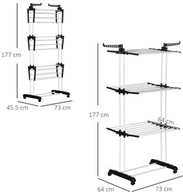 HOMCOM Uscător de Rufe Tip Turn cu 4 Niveluri, Suport pentru Uscat Rufe cu Aripi Laterale Pivotante și 4 Roți, 73x64x177 cm, Negru