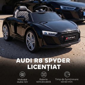 AIYAPLAY Mașinuță Electrică pentru Copii 12V Audi R8 Spyder, 3+ Ani, 3-5 km/h, cu 2 Motoare și Telecomandă, Negru | Aosom Romania