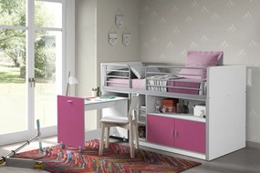 Pat etajat din pal si metal cu birou incorporat si 2 usi, pentru copii Bonny Alb Fucsia, 200 x 90 cm