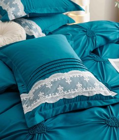 Lenjerie pat dublu, Inimi Brodate, 6 Piese, Finet Premium - Turcoaz