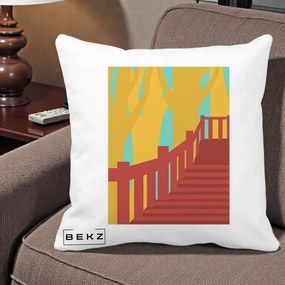 Perna Decorativa Scari Toamna Peisaj Grafic, 40x40 cm, Alba Mata, Husa Detasabila, Perna Inclusa, BEKZ®