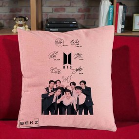 Perna Personalizata K-pop BTS Autografe Toti Membrii cu Fotografie, 40x40 cm, Roz, Husa Detasabila, Perna Inclusa, BEKZ®