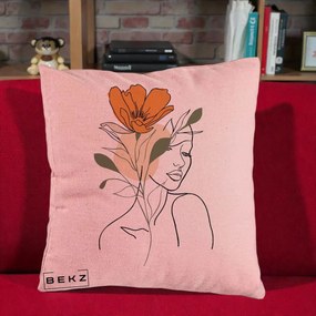 Perna Decorativa Portret Feminin Floare Portocalie, 40x40 cm, Roz, Husa Detasabila, Perna Inclusa, BEKZ®
