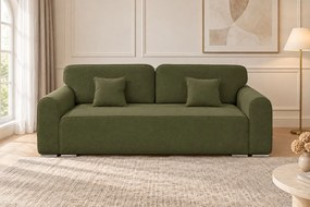 Canapea extensibilă Fiorella din boucle, verde olive, cu ladă de depozitare