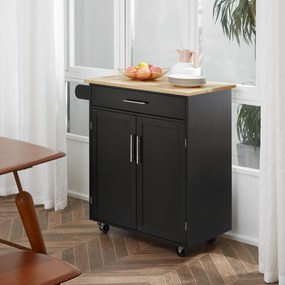 HOMCOM Cărucior de Bucătărie cu Sertar și Dulap cu 2 Uși, Insulă de Bucătărie cu roți și bară laterală, 83x45x91.5 cm, Negru | Aosom Romania