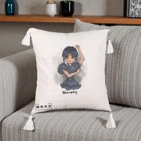 Perna Personalizata Wednesday Addams Dancing Queen, 40x40 cm, Bej cu Franjuri, Husa Detasabila, Perna Inclusa, BEKZ®