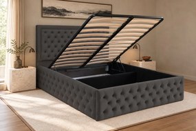 Pat tapițat Chesterfield din catifea Ophelia Deluxe 180×200 cm, gri închis, cu ladă de depozitare