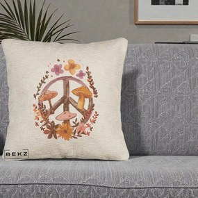 Perna Decorativa Peace Sign Ciuperci Floral, 40x40 cm, Bej Canapea, Husa Detasabila, Perna Inclusa, BEKZ®