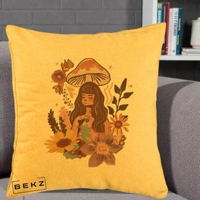 Perna Decorativa Fata Ciuperca Boho Florala, 40x40 cm, Galben, Husa Detasabila, Perna Inclusa, BEKZ®
